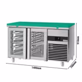Koelwerkbank PREMIUM - 1400x700mm - 281 liter - kleur groen - met 2 glazen deur(en) - zonder opstand - incl. snijplaat groen