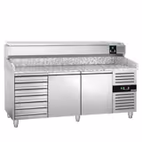 Table réfrigérée à pizza PREMIUM - 2000 x 800 mm - avec 2 portes et 7 tiroirs - incl. vitrine réfrigérée - 10 x GN 1/4