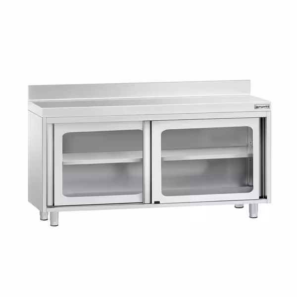 Armoire de travail en inox PREMIUM - 1600x600 mm - avec porte coulissante en verre et dosseret