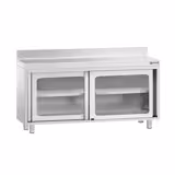 Tavolo armadiato in acciaio inox PREMIUM - 1600x700mm - con 2 porte scorrevoli - con alzatina