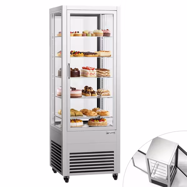 Vetrina Refrigerata Verticale 4 Lati Vetro – Panoramica Professionale - 440l - 675mm - 2 porte in vetro - vetro dritto - con 5 ripiani - 4 lati vetro; LED interni