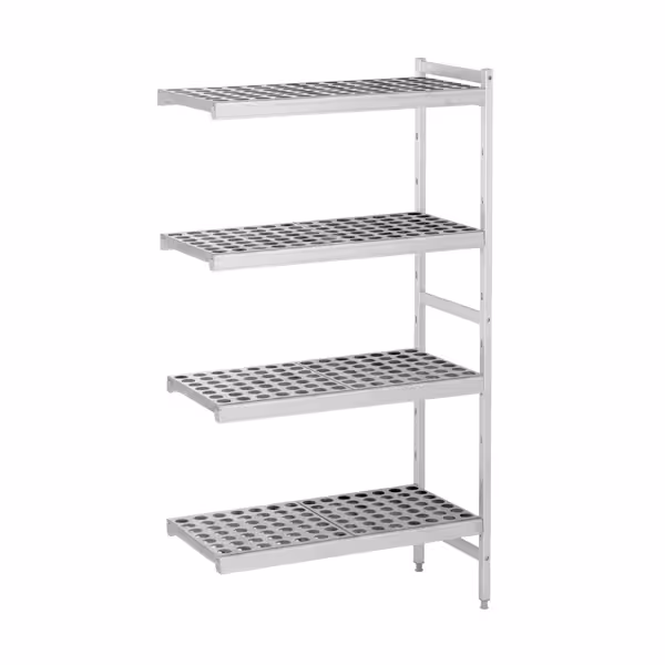 Hyllsystem i aluminium med polypropenhyllor – grundsektion - 1491x1800 mm - Djup: 460 mm - 4 hyllplan - anodiserad - Lastkapacitet: 600 kg