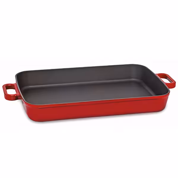Servírovací pánev / Zapékací mísa - litina - 300x220 mm - Výška: 60 mm - vhodné pro indukci, plyn, sklokeramiku a elektrický sporák - červená - sendvičové dno