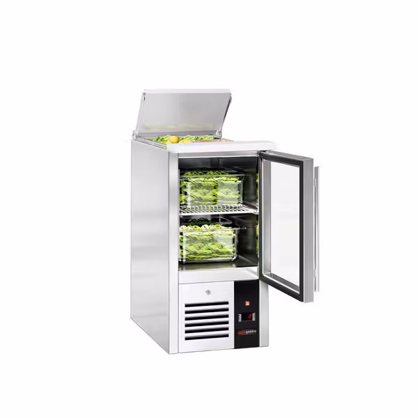 Saladette réfrigérée PREMIUM - 450mm - 102L - 1 porte vitrée - avec découpe pour 1x GN 1/1 & Couvercle inox