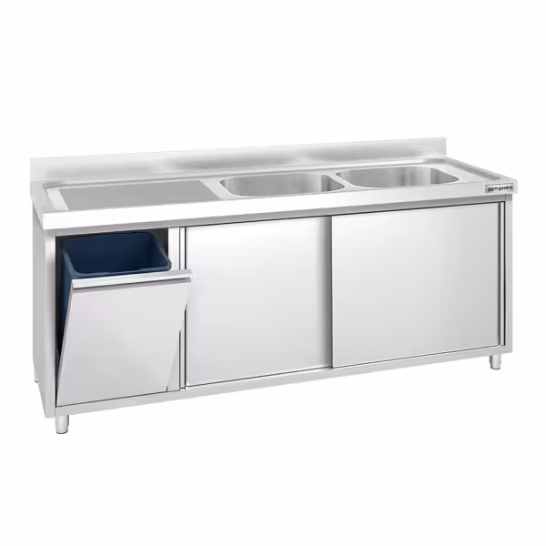 Spoelkast PREMIUM - RVS - 2000x600mm - met 2 spoelbakken rechts - met afvalcontainer