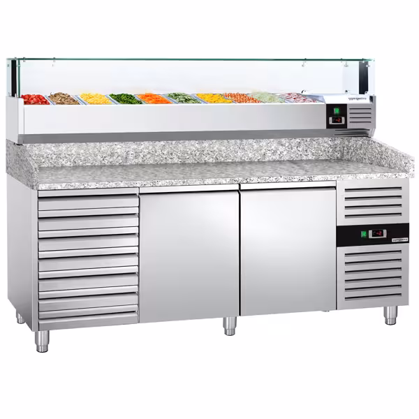 Mesa para pizza refrigerada PREMIUM 2,0 x 0,8 m - com 2 portas e 7 gavetas neutras
