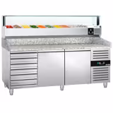 Commercial Refrigerated Pizza Prep Counter PREMIUM - 2000x800 - 2 Doors - 7 Drawers - Top Display Rail LED - 10x GN 1/4