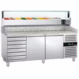 Commercial Pizza Prep Counter - Granite Top PREMIUM - 2025x800mm - with 2 doors & 7 drawers - incl. refrigerated topping unit with glass sneeze guard LED - 10x GN 1/4