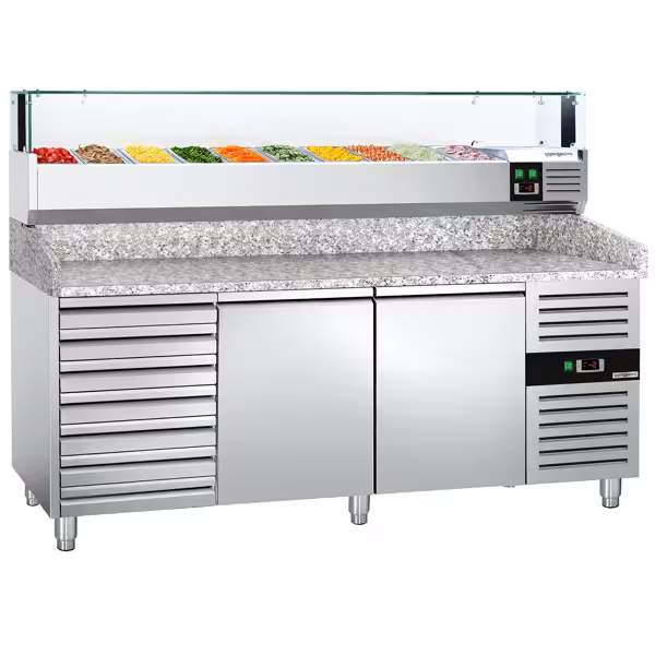 طاولة تحضير بيتزا مبردة PREMIUM - 2000x800 mm - بابان و 7 أدراج - سطح عمل جرانيت - شامل وحدة تبريد علوية مع إضاءة LED - 10x GN 1/4