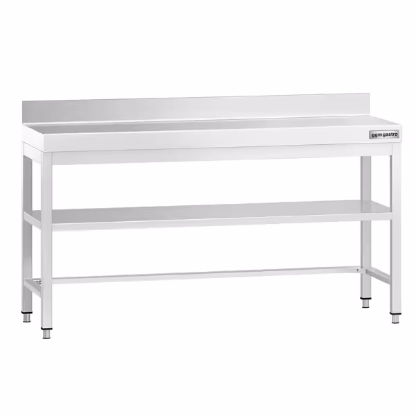 Nerezový pracovní stůl PREMIUM - 1800x600 mm - se spodní policí & se zadním lemem & s vyztuženou pracovní deskou