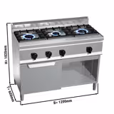 Cucina a gas professionale - Lorenzo 600 - 1200x600x1020mm - 34,5 kW - 3 fuochi - su armadio chiuso - incl. forno a gas statico - 3,5 kW - alta potenza