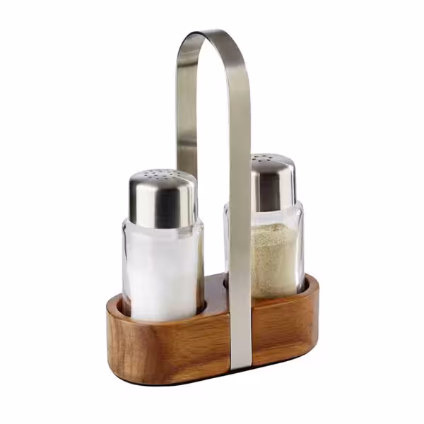(6 stuks) menageset PREMIUM - 2-delig - houten houder - met houder - glas; rvs deksel - incl. 2 peper- & zoutstrooiers; houder - componenten: zout & peper - Hoogte: 170mm