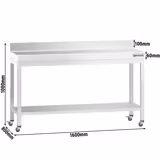 Mesa de trabalho PREMIUM em aço inoxidável - 1600x800mm - com base, suporte e rodízios