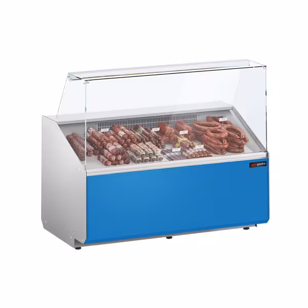 Banco gastronomia professionale - 1256x979mm - Statica - 262 L - Vetro dritto - Colore Dunkelgrau - Pannello frontale Hellblau