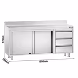 Edelstahl Arbeitsschrank PREMIUM - 1800x700mm - mit 3 Schubladen rechts & Aufkantung