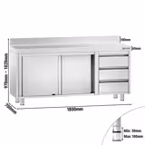 Table armoire en acier inoxydable PREMIUM - 1800x700mm - avec portes coulissantes et 3 tiroirs à droite - avec dosseret