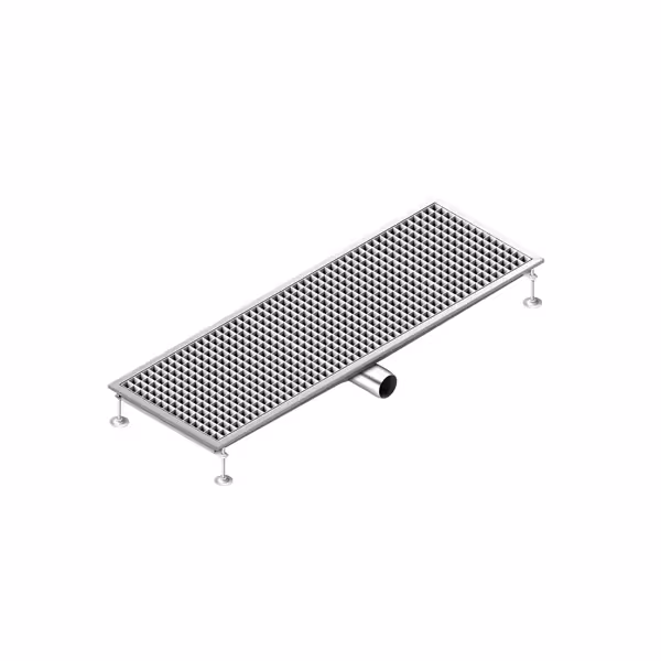 Edelstahl Bodenablauf - 1200x400mm - flache Ausführung & seitlicher Ablauf - Ø 70mm