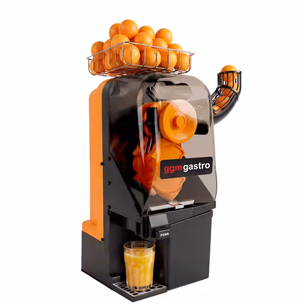 Automatische citruspers - 15 vruchten/min - Ø65-80mm - 550W - met handmatige fruittoevoer, digitale bediening, fruitsenteller, mes met golfsnede, tandwiel & mes van RVS, aluminium behuizing, afvalcontainers 9kg - aluminium - oranje (61kg)