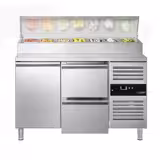 Comptoir de préparation réfrigéré PREMIUM - 1360x700mm - avec 1 Porte & 2 Tiroirs GN 1/1 - À capot inox 7x GN 1/3 - incl. Grille de support GN 1/1 & Rails en acier inox