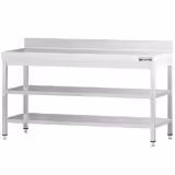 Mesa de trabalho em aço inoxidável PREMIUM - 2000x600mm - com prateleira inferior & com painel traseiro & com prateleira intermédia & com travessas de reforço