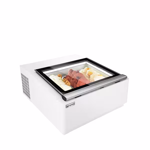 Countertop Ice Cream Display Freezer - 670mm - Static cooling - for 3 x 5 litres Napoli pans - White - hinged glass lid