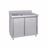 Fregadero industrial con mueble de acero inoxidable ECO - 1200x600mm - con 1 seno izquierdo - puertas correderas - con escurridor derecha - con estante inferior - con peto trasero