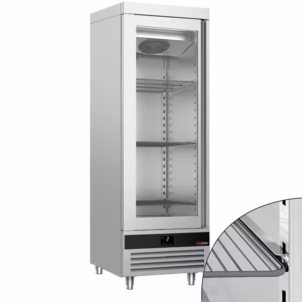 Armário expositor refrigerado aço inoxidável AISI 430 PREMIUM - GN 2/1 - 600L - com 1 porta de vidro & guias & 4 grelhas - Ventilado - Fecho automático