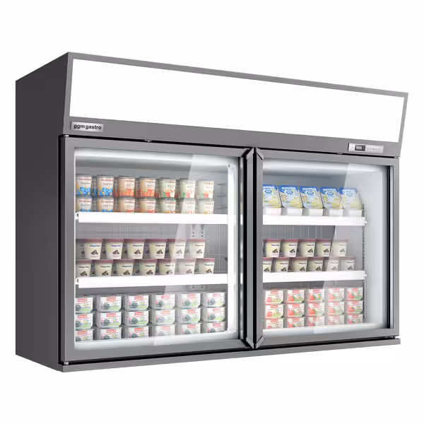 Espositore murale congelatore - 1450mm - 232l - -22°/-18°C - con 2 porte a battente in vetrocamera & 4 ripiani - Grigio
