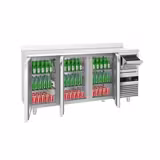 Mesa frigorífica para bar e bebidas PREMIUM - 2135x600mm - 570 L - com 3 portas de batente em inox, alçado traseiro e batente para borras