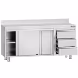 Tavolo armadiato in acciaio inox ECO - 1800x600mm - con 2 porte scorrevoli + 3 cassetti a destra - con alzatina