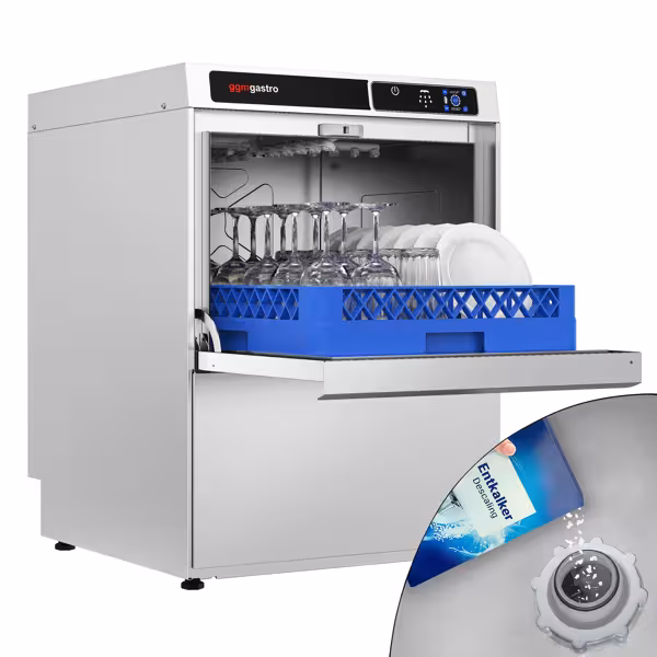 Double-skinned Undercounter Commercial Dishwasher - 500mm Basket - Touch Controls - 3.6kW - with Integrated Water Softener - with Drain, Rinse Aid & Detergent Pumps