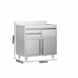Koffiemachine onderkast RVS werkkast - voor koffiezetapparaat - 1000x600mm - met 2 laden, 1 deur, 1 uitkloplade - met achteropstand