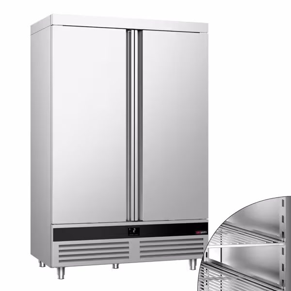 Koelkast RVS PREMIUM - GN 2/1 - 1400mm - 1400liter - tot +8°C - met 2 deuren - geforceerde koeling, LED‑verlichting, automatische ontdooiing & legroosters