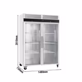 Koelkast met glasdeur RVS ECO - 1480mm - 1200liter - met 2 glasdeuren - geforceerde koeling, slot, automatische ontdooiing, legroosters & rvs rails, wielen