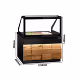 Mesa saladette refrigerada TORONTO - 1250mm - 800L - frontal de madera - 2 puertas macizas - con vitrina de cristal para 3x GN 1/1 & 1 estante - encimera de granito negro
