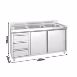 Spoelunit - 1400x700mm - met 3 laden & 2 spoelbakken rechts