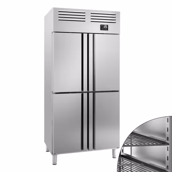 Lednice Nerezová ocel PREMIUM PLUS - GN 1/1 - 974 mm - 745 l - až +8 °C - s 4 poloviční dveře - Digitální termostat; Samozavírací dveře; Ventilované chlazení; Automatické odmrazování; LED osvětlení