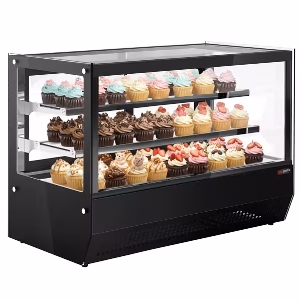 Vetrina refrigerata da banco - 160l - 900mm - Doppio vetro; 2 porte scorrevoli in vetro - vetro dritto - con 2 ripiani - 4 lati vetro; LED interni - Nero