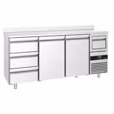 Stół barowy chłodniczy PREMIUM - 2135x600x1150mm - 570L - z 2 drzwiami i 3 szufladami, blat z podniesioną krawędzią, wybijak do fusów kawowych, termostat cyfrowy, automatyczne odszranianie, prowadnice i ruszty łatwe do demontażu