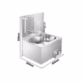 Commercial Hand Wash Sink - Stainless steel (AISI 304) - wall mounted, with upstand/splashback, with tap, knee-operated, with soap dispenser, cold water connection required