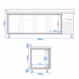 Table réfrigérée PREMIUM - 2300 x 700 mm - avec 4 portes en verre - dosseret