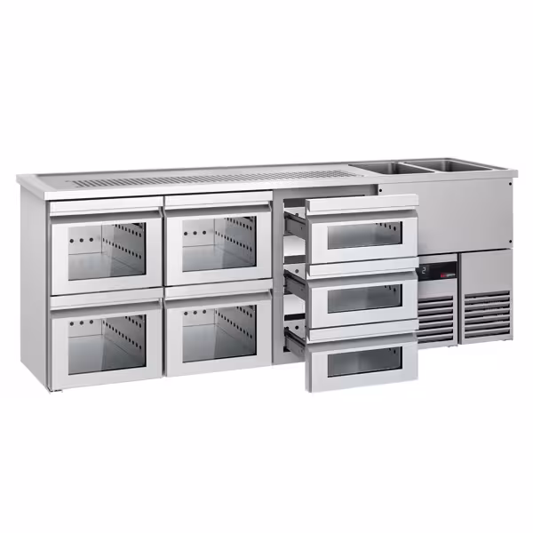 Barowy stół chłodniczy PREMIUM - 2500x700mm - 7 szklanych szuflad