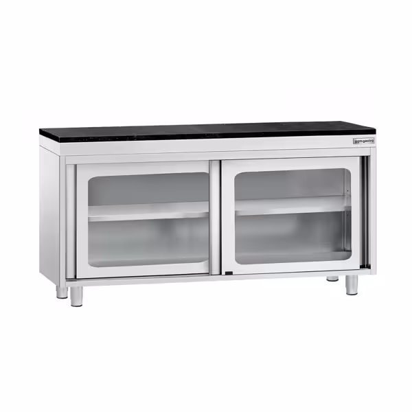 Roestvrijstalen werkkast PREMIUM - 1600 x 600 mm - met glazen schuifdeur - incl. granieten werkblad