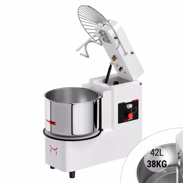 Deegkneedmachine / Spiraalkneder - 42L / 38kg deeg - 1 snelheid - kantelbare kop & uitneembare kom - met timer - 400V