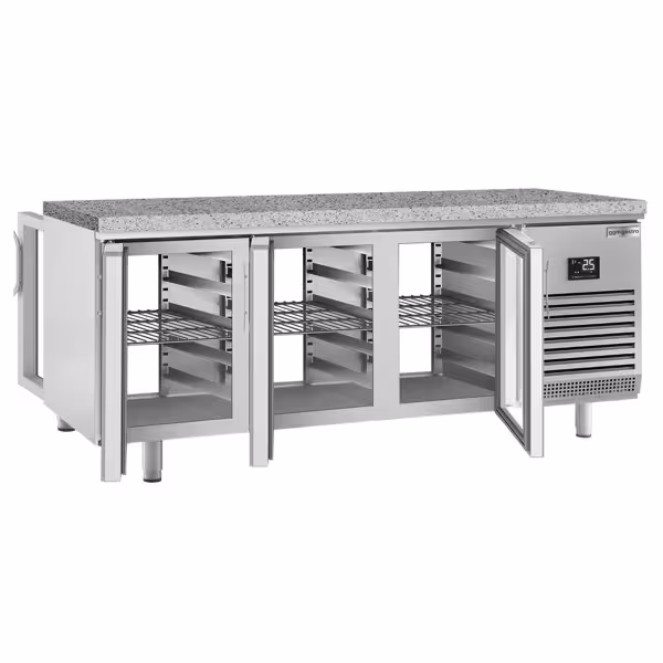 Bakkerij koelwerkbank PREMIUM PLUS - 2185x800mm - 610 liter - dubbel glas - doorgeefmodel - met 6 glazen deur(en) - granieten werkblad