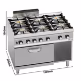 Cucina a gas professionale - Paolo 900 - 1200x900x1060mm - 67,8 kW - 6 fuochi - incl. forno a gas - forno elettrico statico - 7,8 kW - alta potenza