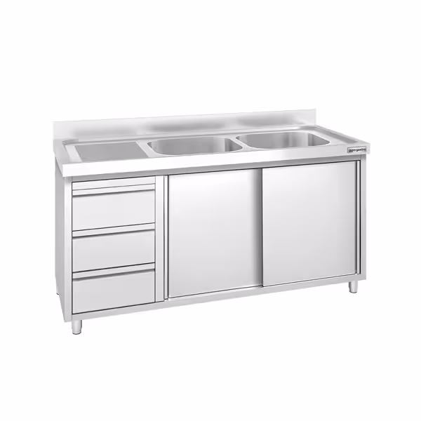 Commercial Sink Cabinet PREMIUM - 1400x600mm - 2 bowls right-hand - 3 drawers