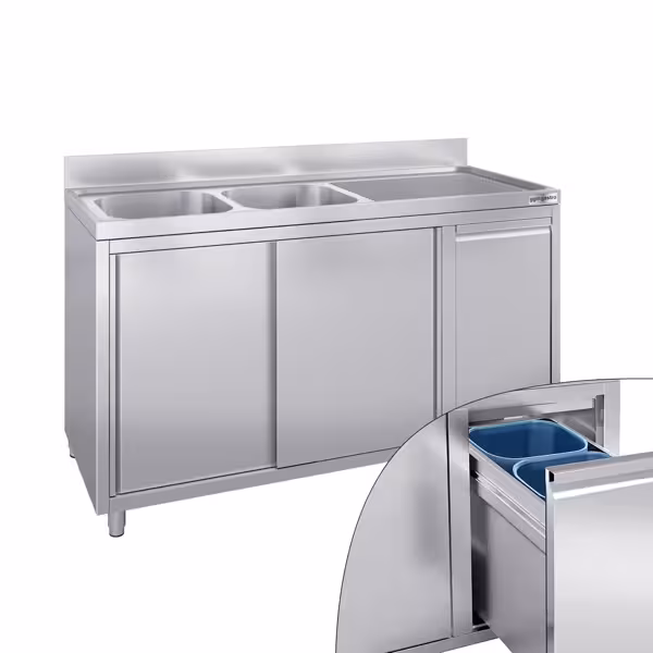 Spoelbakkast - 1600x700mm - met vuilnisbak & 2 spoelbakken links