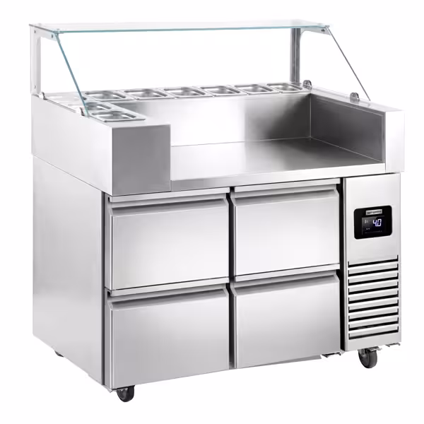 Commercial Refrigerated Prep Table PREMIUM – Glass Top – 4 Drawers – 1210 mm – for 9× GN 1/6 – No storage racks included
