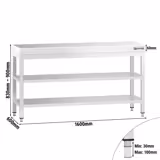 Mesa de trabalho em aço inoxidável PREMIUM - 1600x600mm - com prateleira inferior & com prateleira intermédia & com travessas de reforço